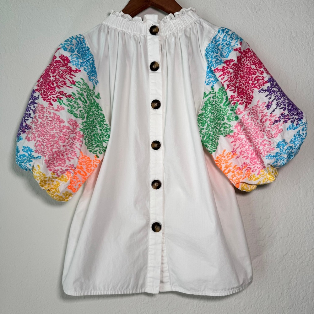 THML Womens White Cotton Colorful Embroidered Puff Sleeve Ruffle Neck Blouse - Picture 2 of 14